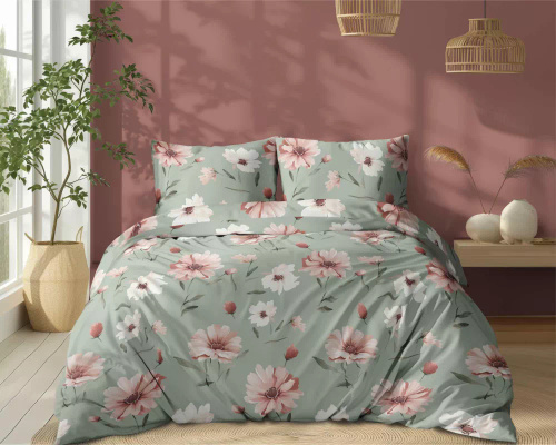 5502 B Ropa de cama de algodón menta con crema y flores de color rosa Naturalis- Detexpol