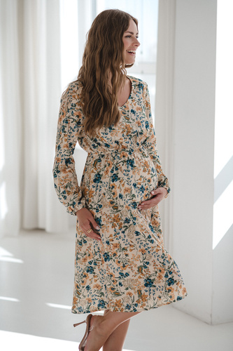 Lovely Dress Midi Milk&Love Vestido de maternidad y lactancia floral beige de lino, corte elegante con cremalleras de lactancia