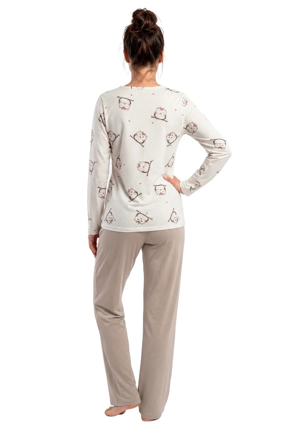 Piżama damska Donna Sova Long beige de algodón con búhos, manga larga y pantalones