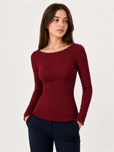 Blusa de mujer Raily Eldar Active de viscosa acanalada, manga larga, escote barco, color burdeos