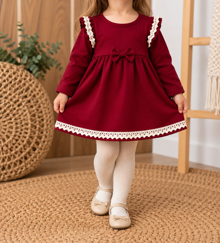 Vestido infantil Mamatti SK520 de algodón con encaje y lazo burdeos