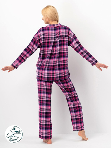 Pijama de mujer Key LNS 490 franela de algodón fucsia, manga larga, botones