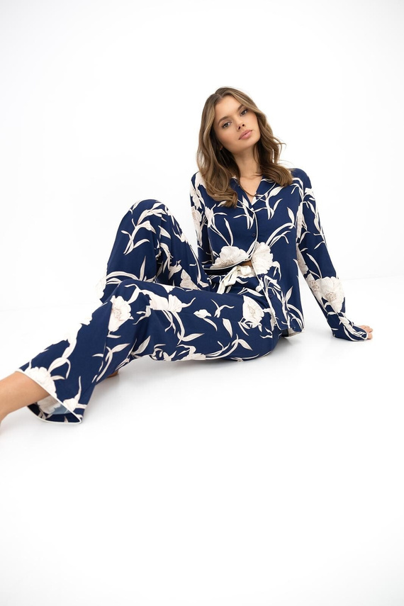 Sensis Vaya Pijama Mujer 100% Viscosa Azul Marino Flores Botones