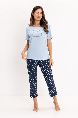 733 Pijama Regina azul - algodón, manga corta, medio cuello redondo, estampado delante