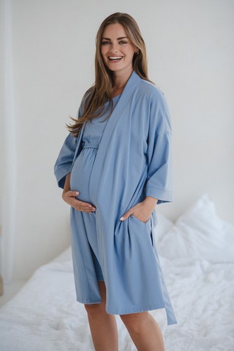 Milk&Love bata de maternidad azul - algodón con elastano, cómoda, manga 7/8