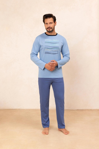 Regina 492 azul - pijama de algodón de manga larga para hombre, corte clásico