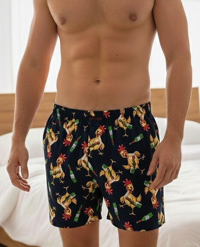 Calzoncillos bóxer para hombre Cornette 001/186, 011/186 Classic Chicken - azul marino, 100% algodón, corte holgado, estampado de gallos, abertura con botones, ultracómodos
