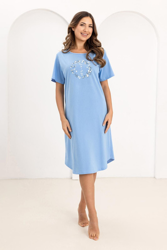 Camisón Regina 176, algodón, manga corta, medio cuello redondo, estampado - azul