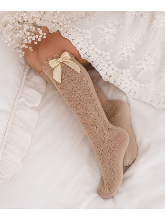 Milena Calcetines calados para niños con lazo - algodón , Beige