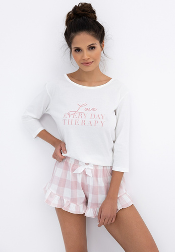 Emily Sensis - Pijama de algodón para mujer | Camisa 3/4 y pantalón corto a cuadros con ribete de volantes