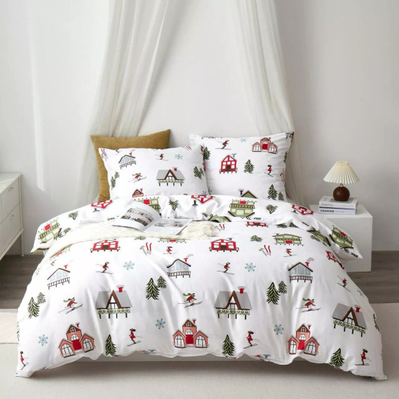 Ropa de cama de satén de algodón de Navidad de esquí Spod Igły i Nitki blanco rojo verde - elegante y suave