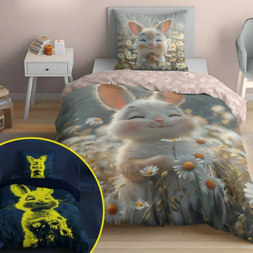 5548 A Fluo 95 Ropa de cama conejito luminoso en flores 100% algodón | Para niños Detexpol