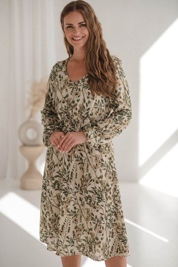 Lovely Dress Midi Milk&Love en flores verdes - vestido de maternidad y lactancia en lino, corte elegante con cremalleras de lactancia