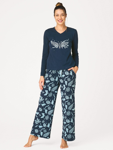 Pijama de mujer Key LNS 534 azul marino de algodón larga con bolsillos