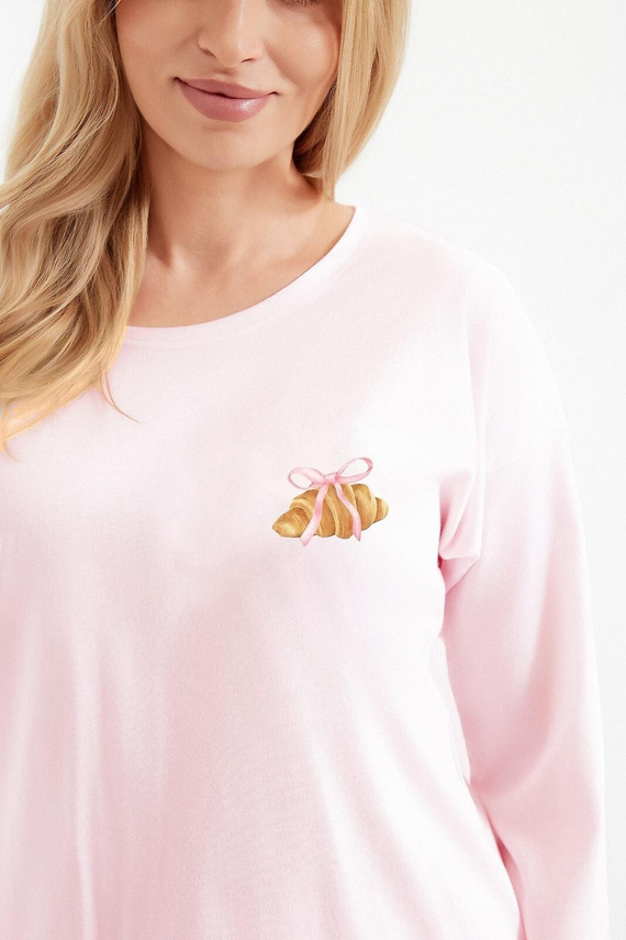 Pijama de mujer Taro Tori 3510 de algodón rosa, estampado croissant, largo con perneras 7/8