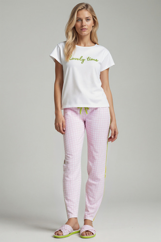 Dana Pijama mujer Sorbetto rosa - 100% algodón, manga corta, pantalón a cuadros, conjunto