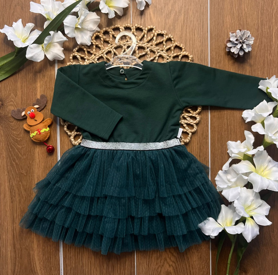 Vestido infantil Mamatti SK819 de algodón con tul y goma brillante en la cintura verde
