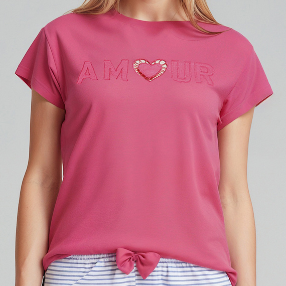 Juliana Sorbetto rosa - pijama de mujer 100% algodón, con bordado y pantalón largo a rayas