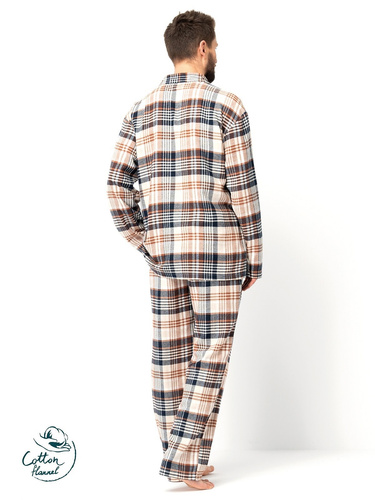 Pijama de hombre Key MNS 443 marrón - franela de algodón, manga larga, abotonado