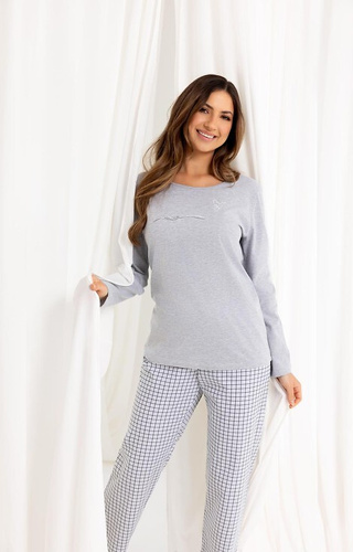 714 Pijama señora Regina gris - algodón, manga larga, pantalón a cuadros