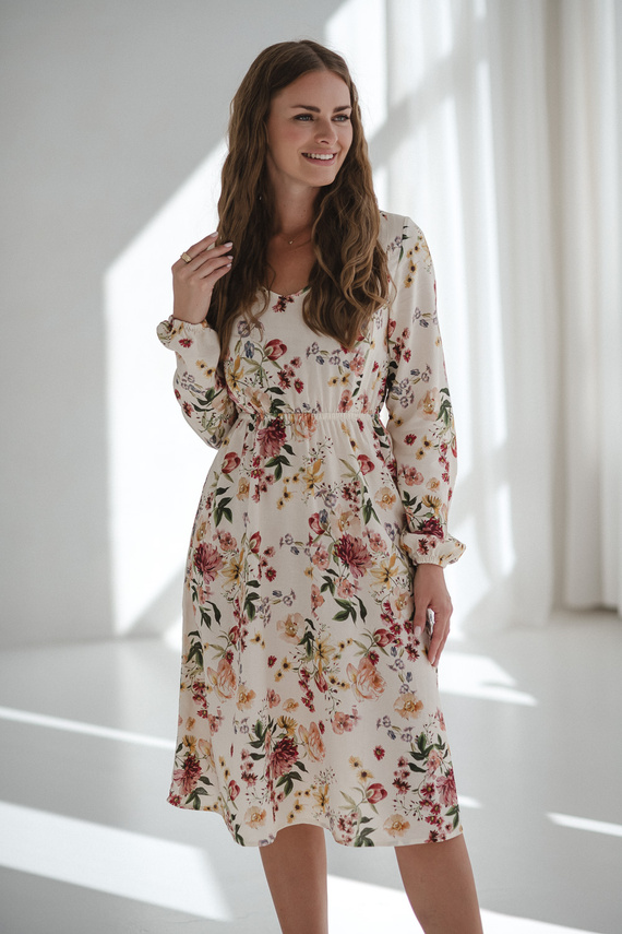 Lovely Dress Midi Milk&Love vestido de maternidad y lactancia floral crema en lino, corte elegante con cremalleras de lactancia