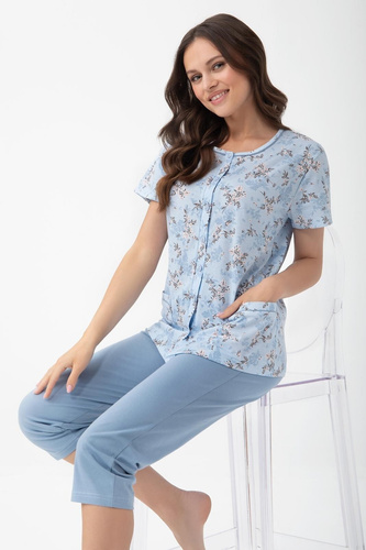 Pijama mujer Luna 1304 algodón con botones y pantalón capri floral