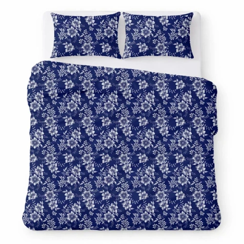 Juego de ropa de cama algodón crepé transpirable fácil cuidado navy blue with white flowers