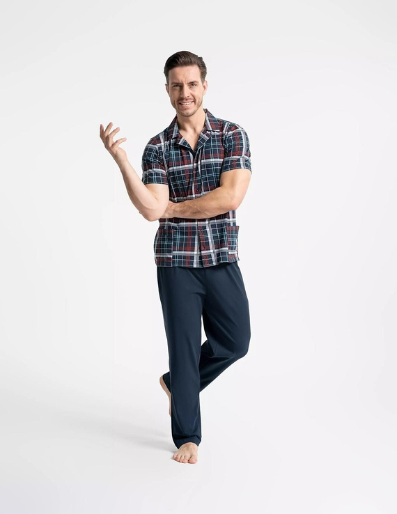 Pijama hombre Moraj PDM6200-003 azul marino, abotonado, algodón con bolsillos