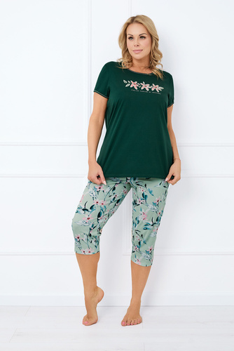 Florisa Pijama de señora de manga corta, pantalón 3/4 Moda Italiana - verde oscuro/estampado