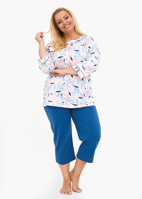 Amelia 732/452 Cornette pijama mujer plumilla azul - algodón, manga 3/4, comodidad y estilo