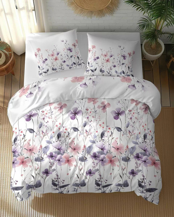 5773 B Algodón Bloom Detexpol ropa de cama blanca con flores de campo rosa y púrpura - 100% algodón, doble cara, producción polaca