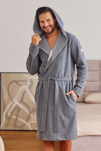 7230 Albornoz de hombre Doctor Nap - algodón, capucha, ribete elegante - gris oscuro