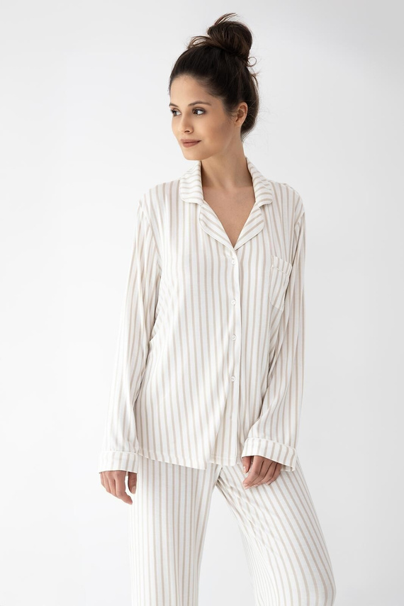 Pijama mujer Amani Sensis ecru-beige, viscosa, estilo camisa, rayas