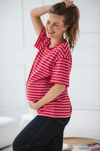 Mamahood Camiseta de embarazo y lactancia Milk&Love a rayas rojo-rosa- cómoda y elegante