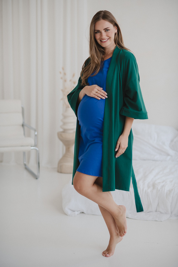 Milk&Love bata de maternidad verde botella - algodón con elastano, cómoda, manga 7/8