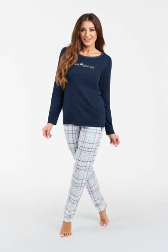 Pijama de señora Glamour de manga larga y pantalón largo Italian Fashion - azul marino/estampado