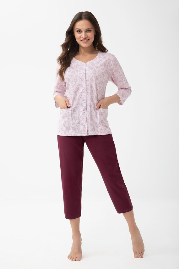 Pijama 1305 Luna de algodón para mujer, abotonada, 7/8 con bolsillos - rosa