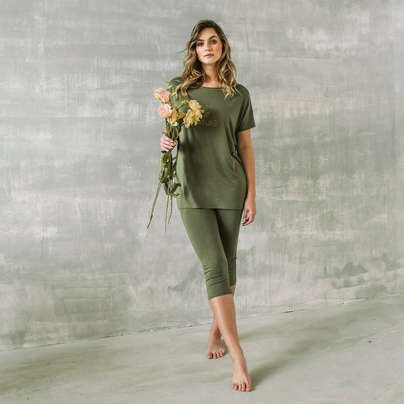 Pijama Natura Mujer manga corta, pantalón 3/4 Moda Italiana - caqui