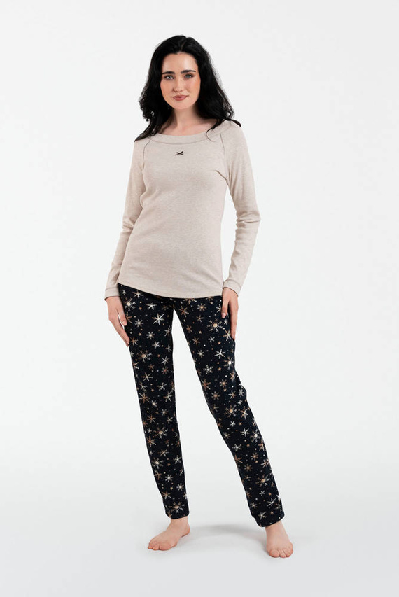 Pijama Denali Ladies manga larga, pantalón largo Italian Fashion- beige melange/print