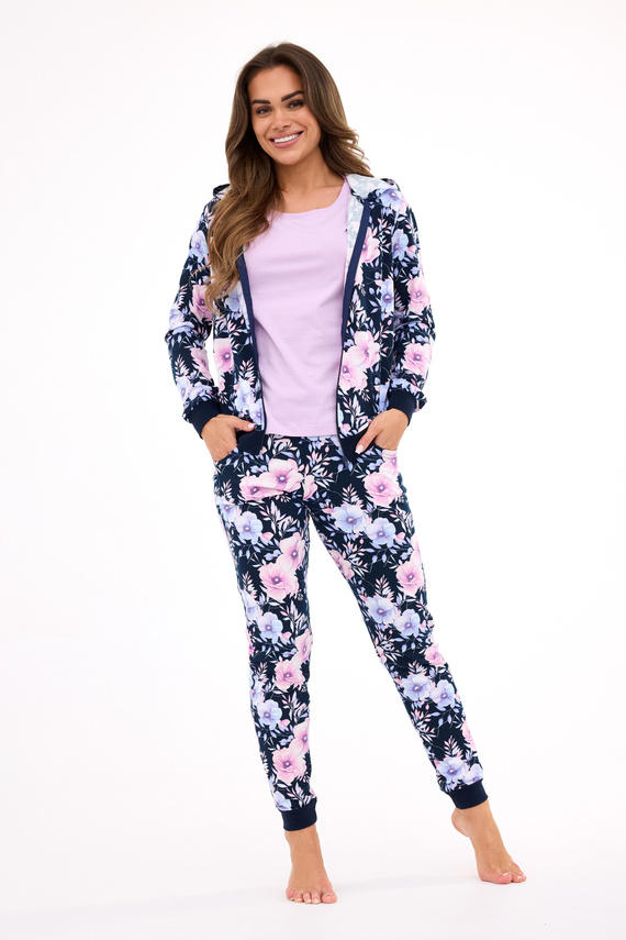 355/464 Pijama de mujer Maddie Cornette - Azul marino 3 piezas con blusa con flores y sudadera con capucha