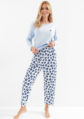 Pijama de mujer Taro Zola 3511 azul - algodón, con estampado de perro y pantalón 7/8