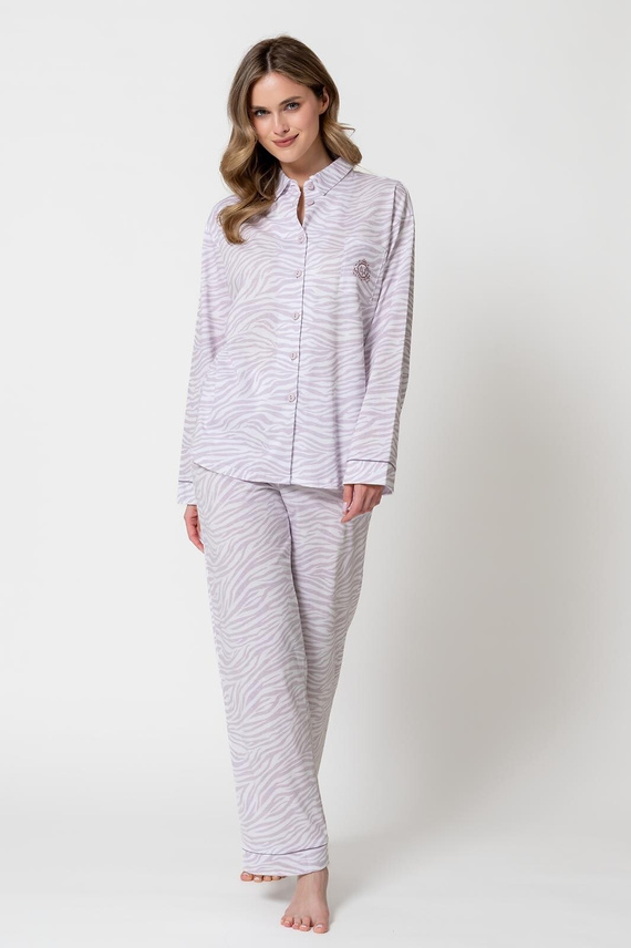 Leveza 1790 Penelopa Pijama de Mujer 100% Algodón Botones Estampado Animal Blanco y Lila
