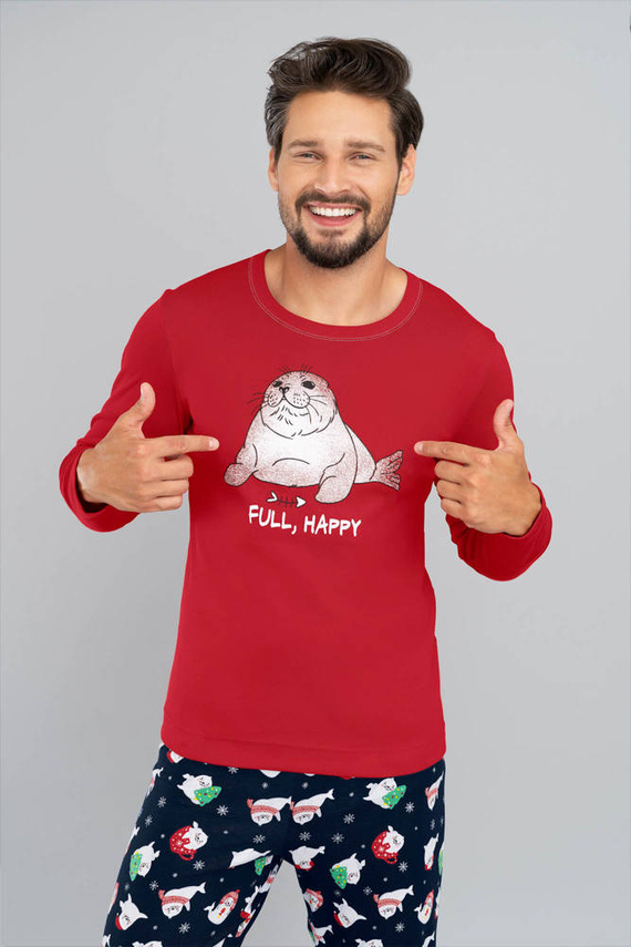 Pijama Elder Hombre manga larga, pantalón largo Moda Italiana- rojo/estampado azul marino