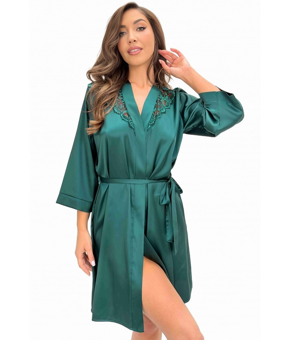 Donna Mela Bata de Satén para Mujer Verde Camisón con Encaje Manga 7/8