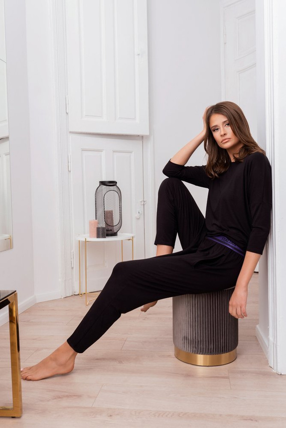 Estilo Conjunto de manga 3/4 para mujer, largo.pantalones moda italiana negro