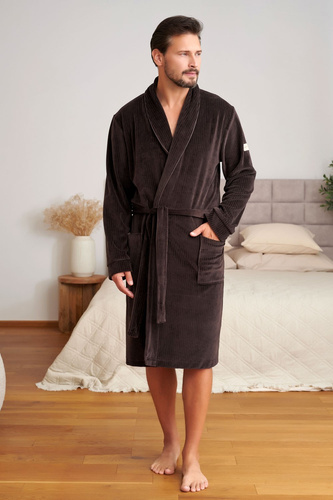 Bata de hombre Doctor Nap 7549 marrón de terciopelo acanalado cruzada con cinturón