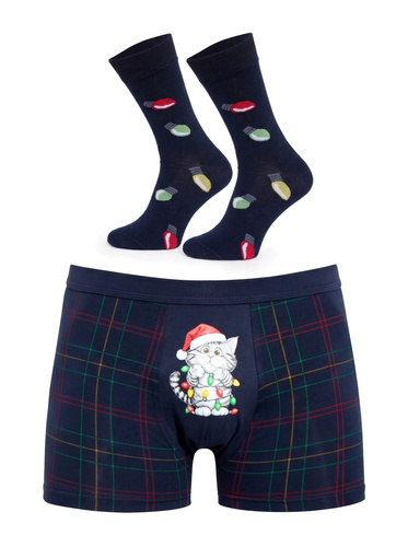 Cornette Gift 914/05 conjunto masculino navideño bóxers y calcetines con gatito