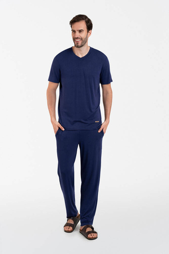 Akord Pijama hombre manga corta, pantalón largo Moda Italiana - azul marino
