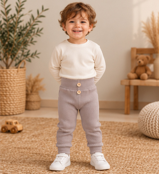 Leggings para niño LC016 latte marrón de algodón acanalados con botones