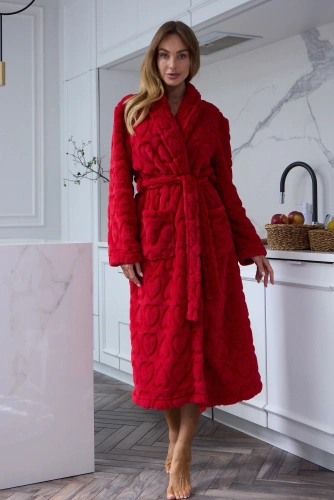 Bata larga de mujer L&L Nella 2645 suave con cuello chal y bolsillos - rojo